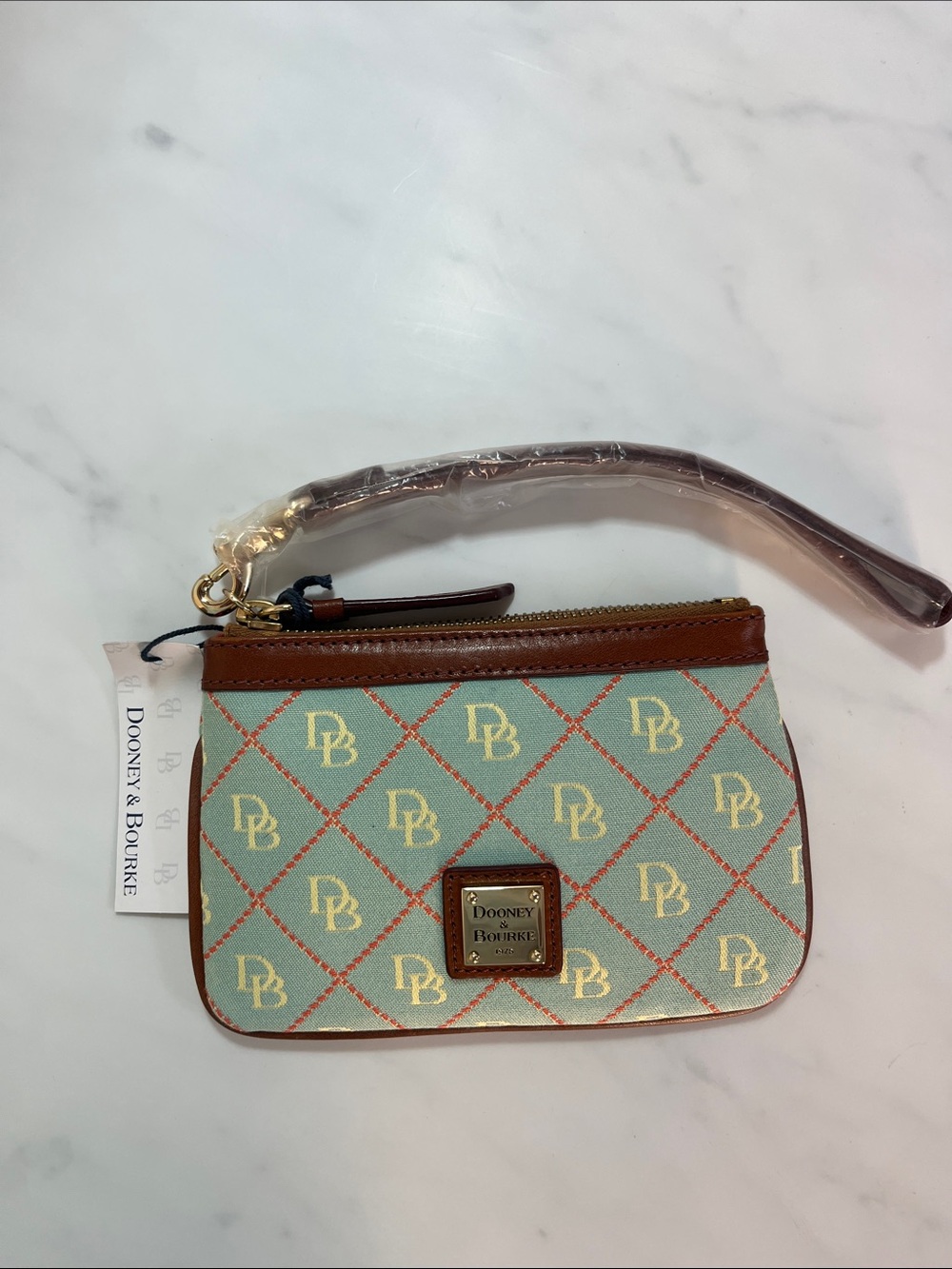 Dooney & Bourke Mint & Brown Logo Wristlet with Gold Plaque